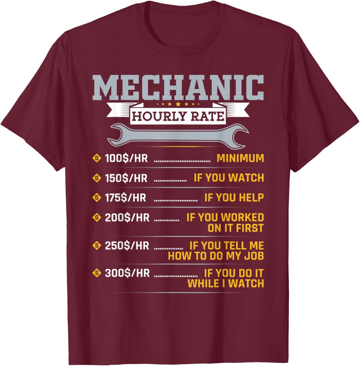 Funny Mechanic Hourly Rate Car Mechanic Car Guy T-Shirt - T-Shirt | Maroon