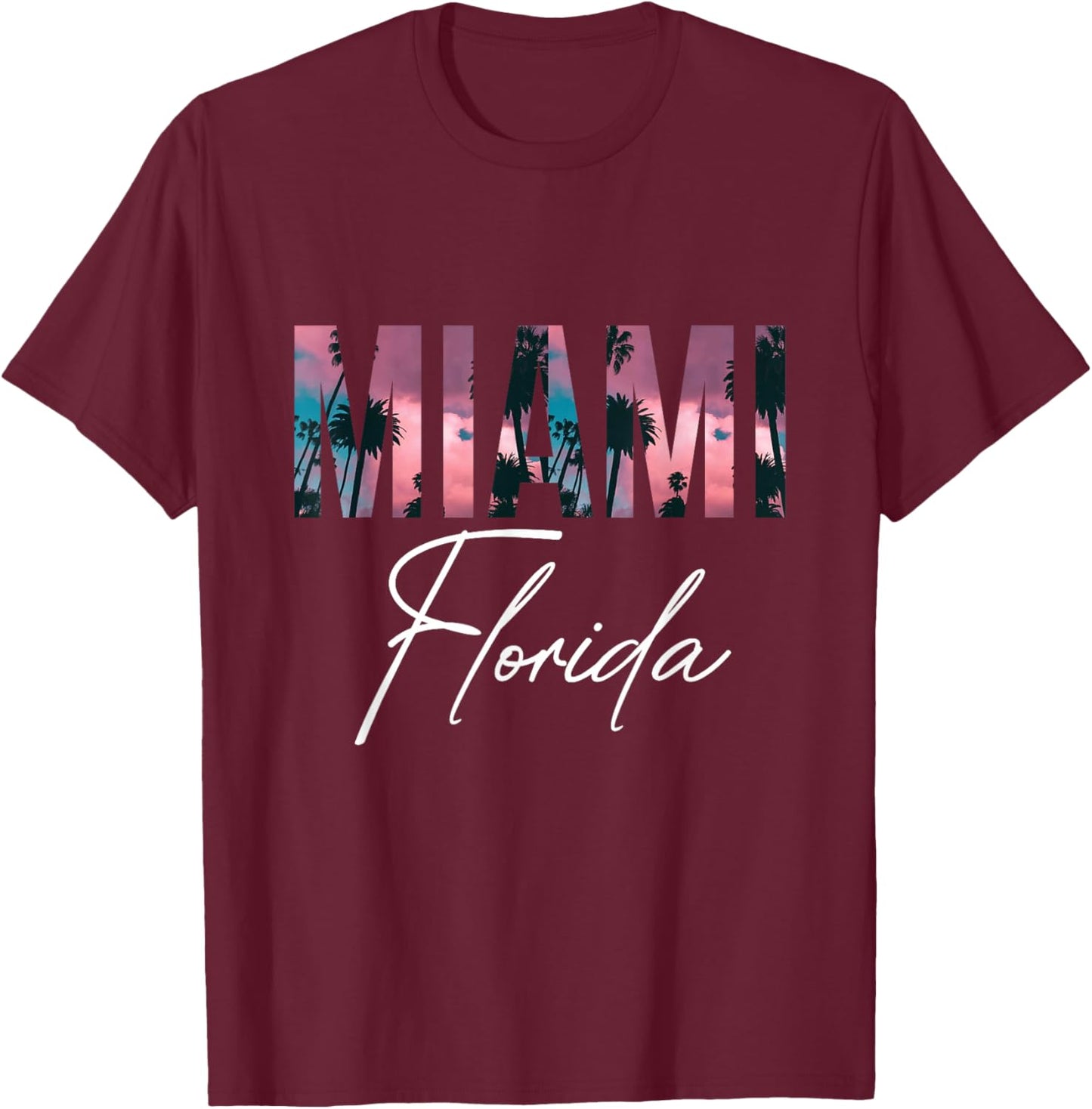 Miami Palm trees Florida Sunset Miami Beach T-Shirt - T-Shirt | Maroon