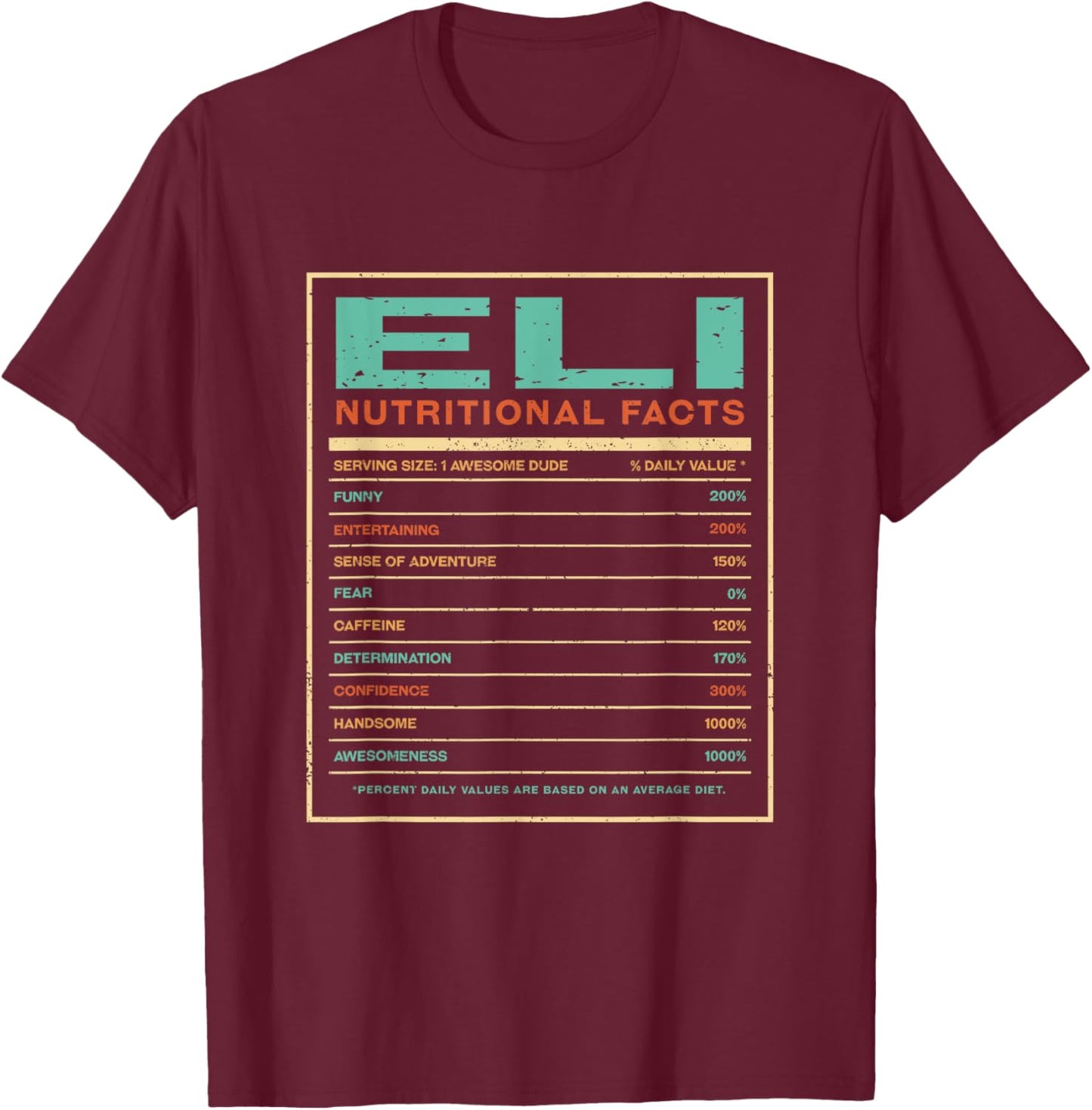 Eli Nutrition Facts Funny Personalized Name T-Shirt - T-Shirt | Maroon