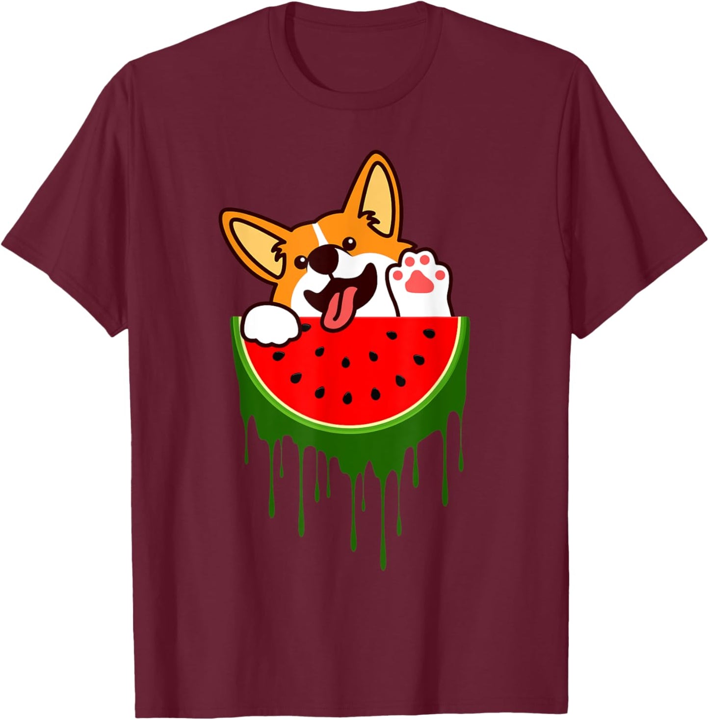 Cute Welsh Corgi Dog Watermelon Melon Tropical Fruit Lovers T-Shirt - T-Shirt | Maroon