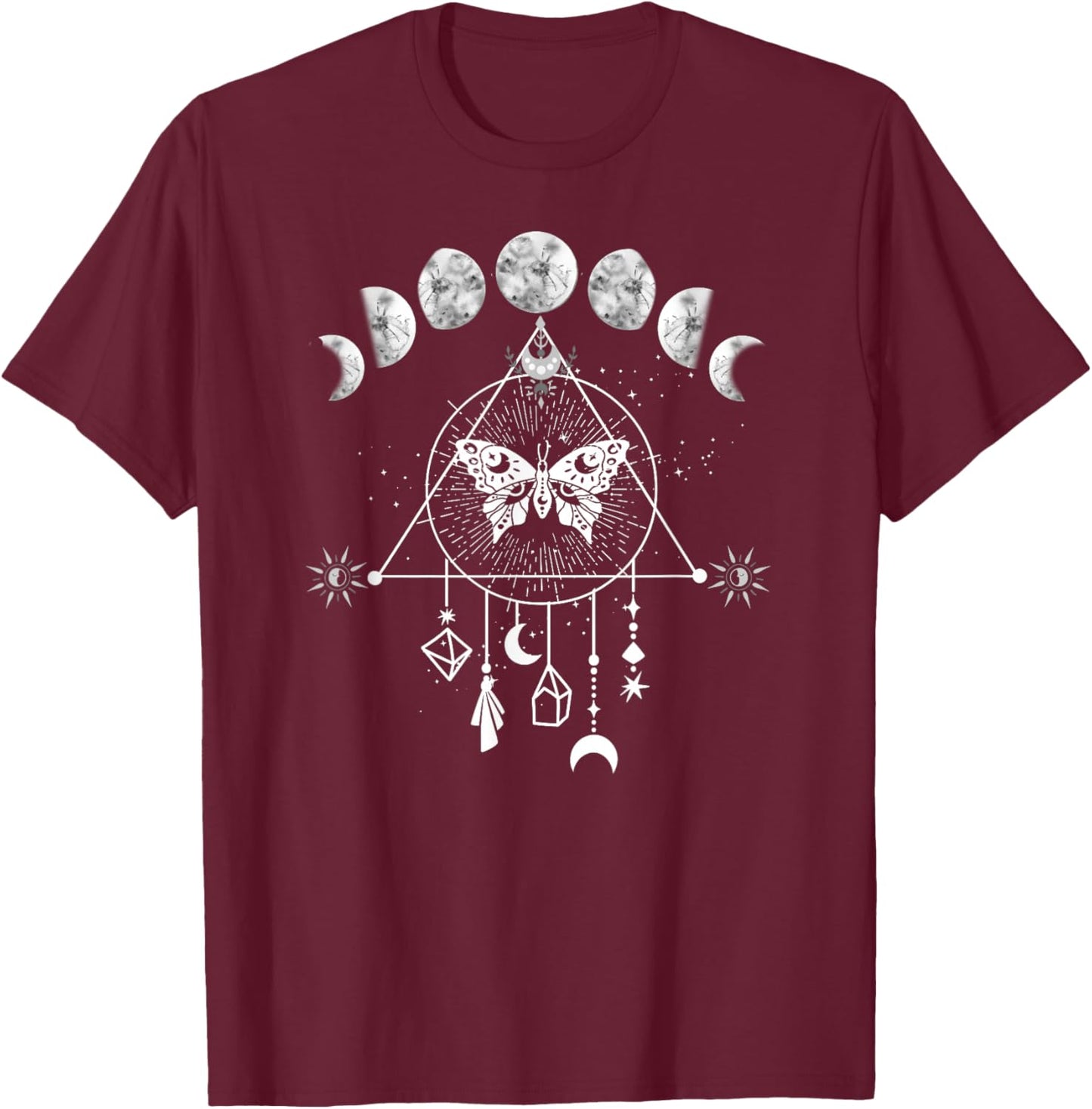 Celestial Moon phase Moth Crystals Stars Vintage design T-Shirt - T-Shirt | Maroon