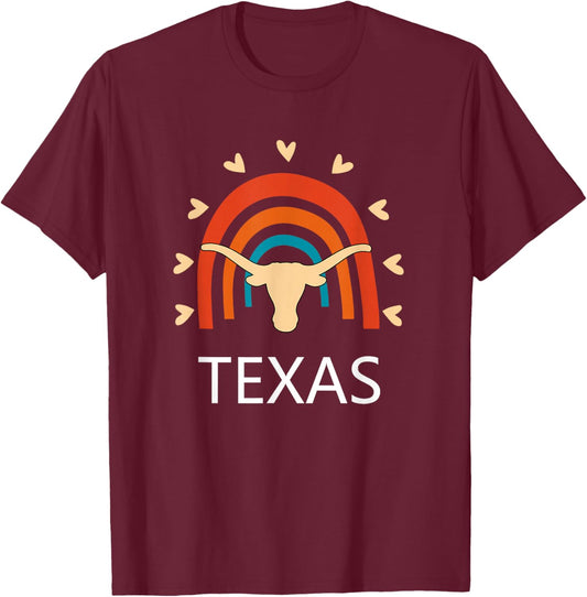 Texas Longhorn Cow Vintage Rainbow Retro T-Shirt - T-Shirt | Maroon