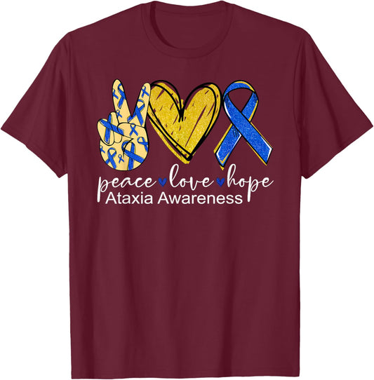 Peace Love Hope Ataxia Awareness Shirt Blue Ribbon T-Shirt - T-Shirt | Maroon