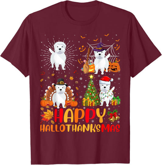Halloween Thanksgiving Christmas Westie Dog Hallothanksmas T-Shirt - T-Shirt | Maroon