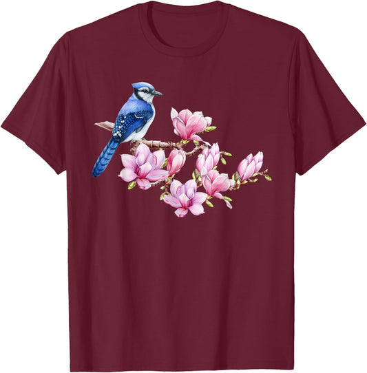Blue Jay Bird on Magnolia - Watercolor Birding and Gardening T-Shirt - T-Shirt | Maroon