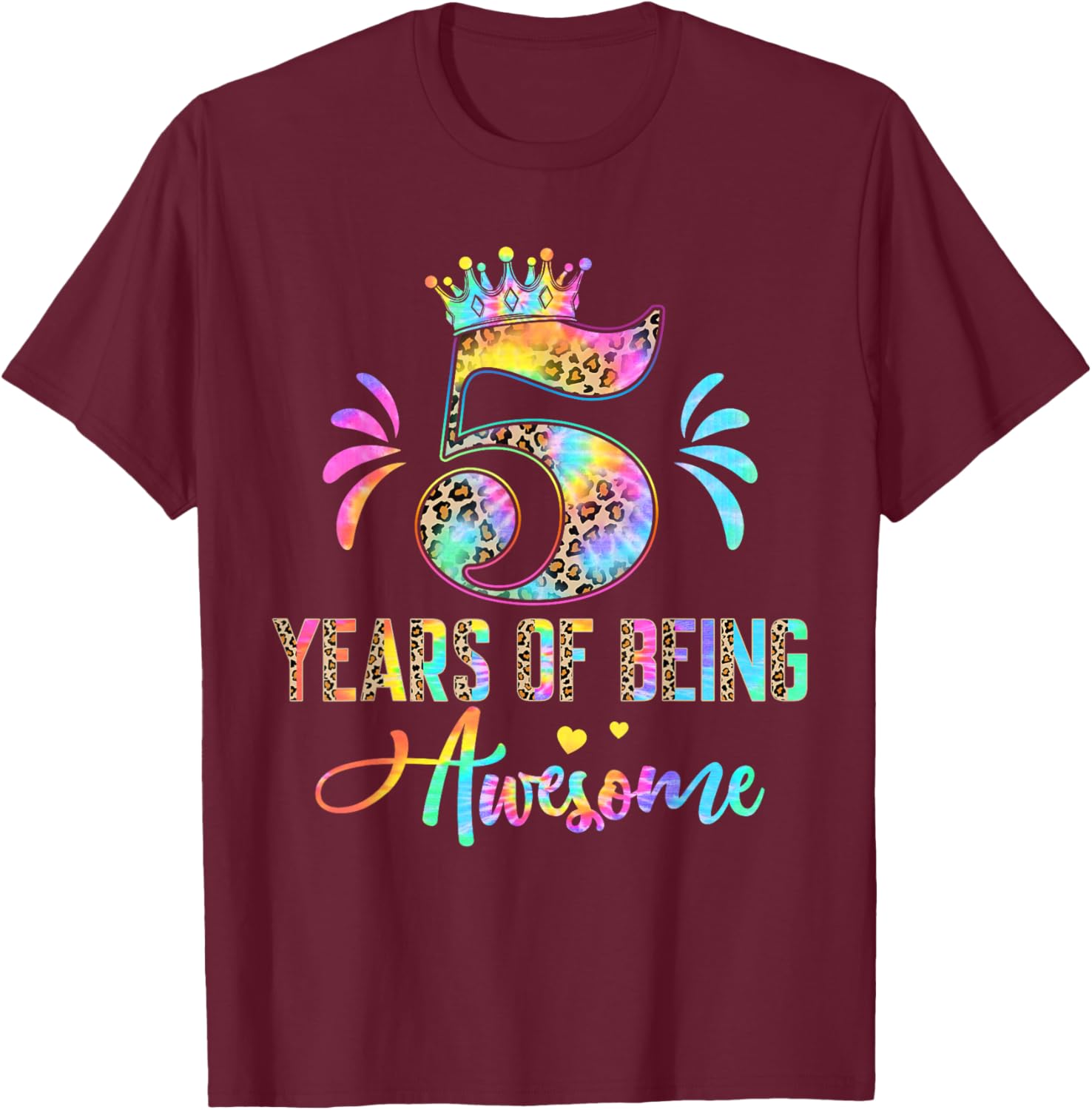 Kids Five Year Old Rainbow 5th Birthday Leopard For Girls 5 T-Shirt - T-Shirt | Maroon