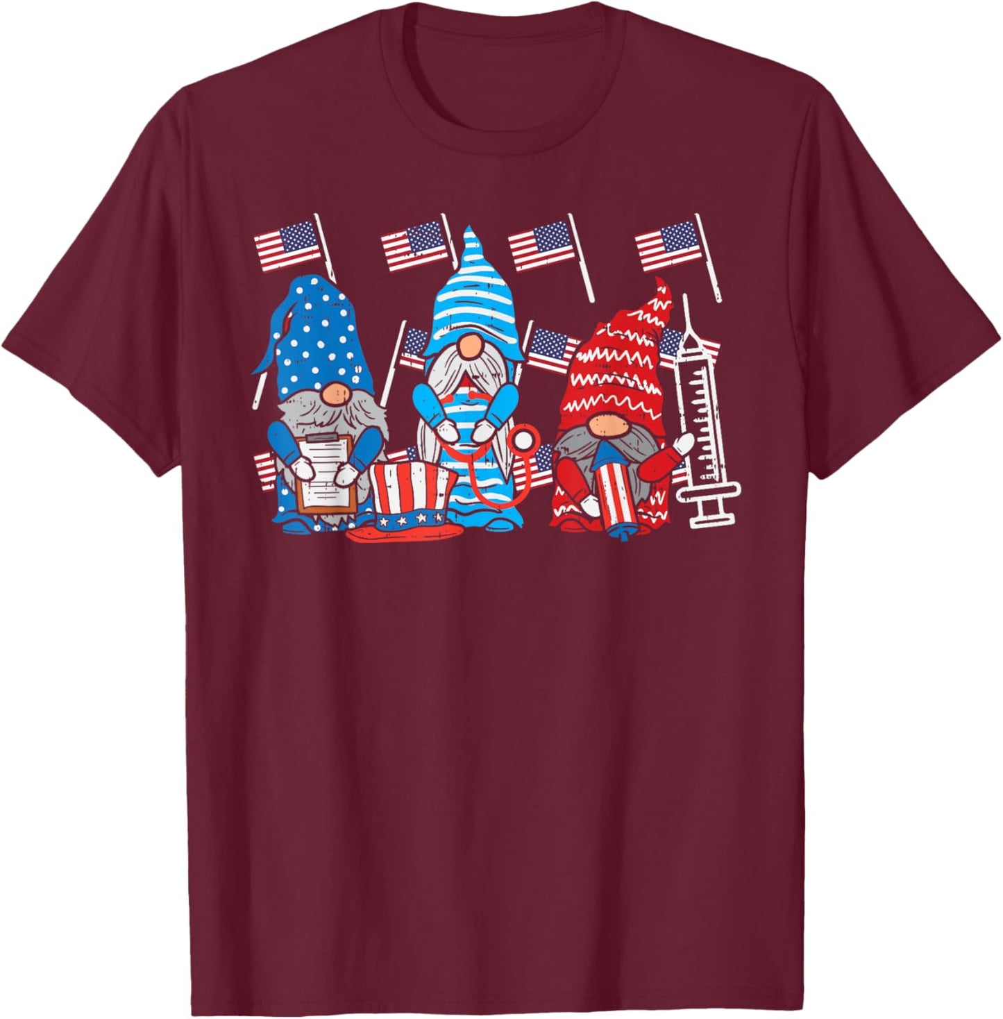 American Gnomes Nurse 4th Of July Scrub Top Patriot Women T-Shirt - T-Shirt | Maroon