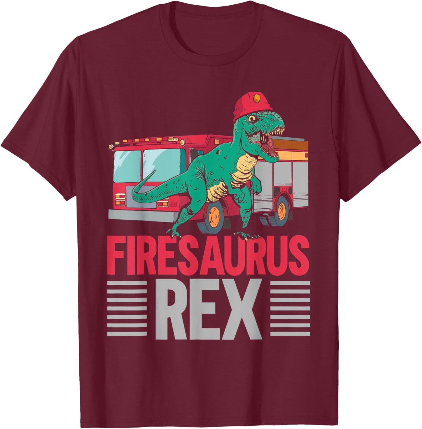 Firesaurus Rex Firefighting Fireman Firefighter Dinosaur T-Shirt - T-Shirt | Maroon