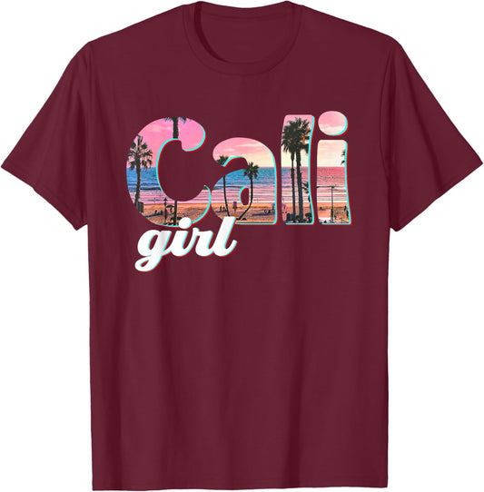 Cali Girl Sunset Beach California Summer Retro Women's Gift T-Shirt - T-Shirt | Maroon