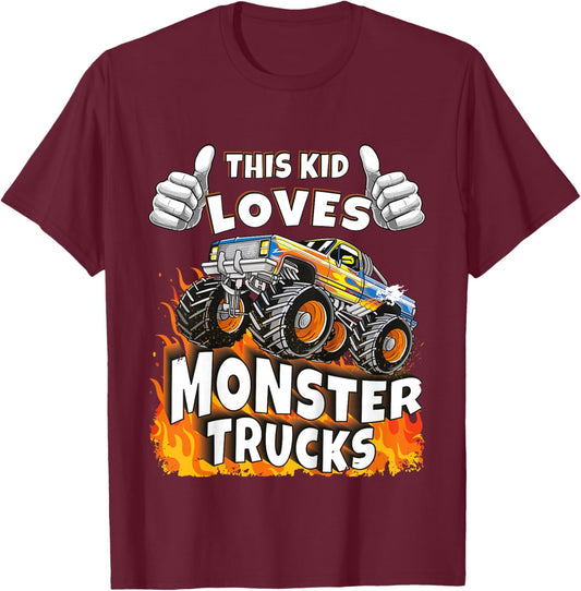 This Kid Loves Monster Trucks Boys & Girls T-Shirt - T-Shirt | Maroon
