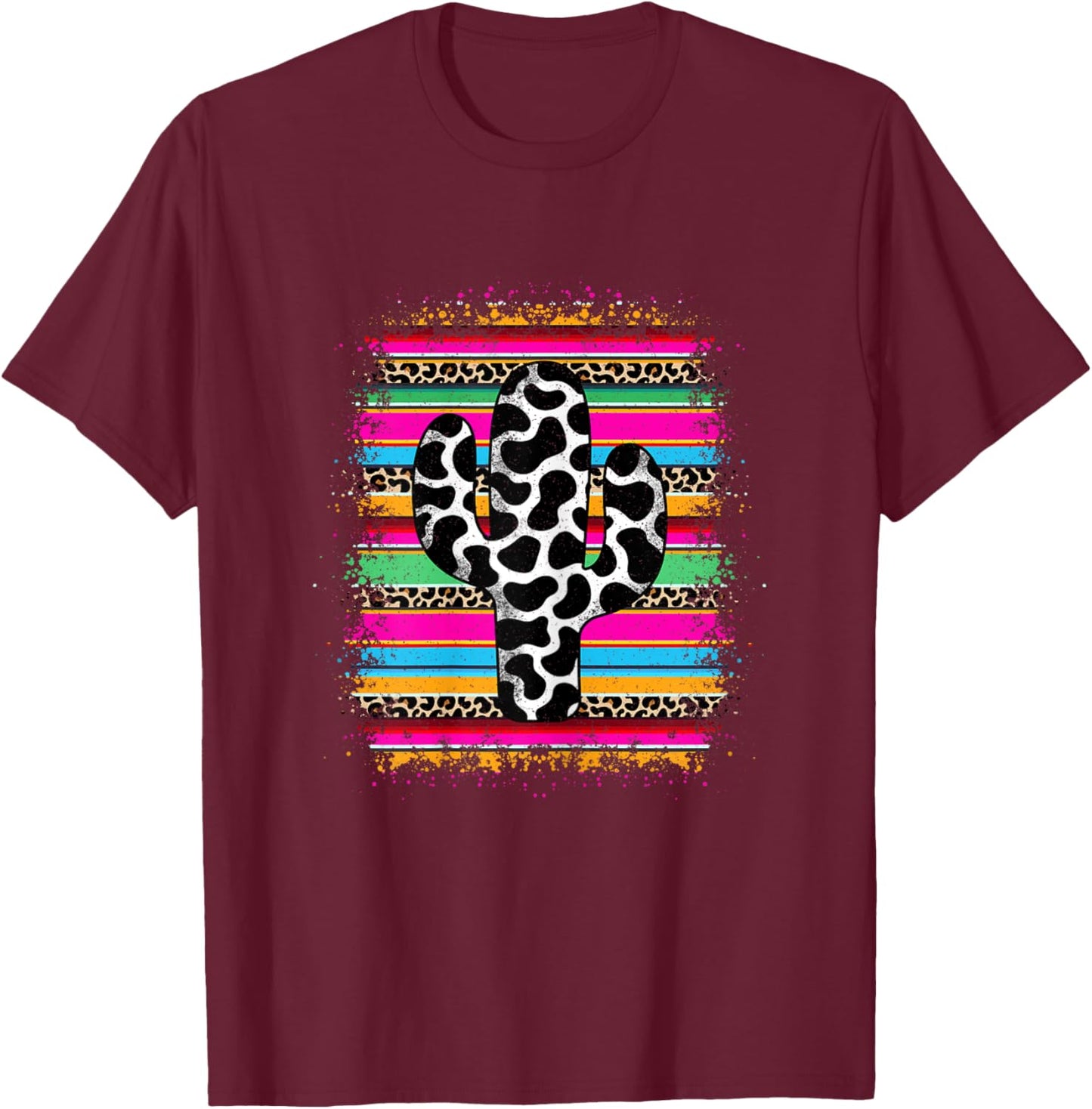 Western Cow Print Cactus Serape Cowgirl Country Women Girls T-Shirt - T-Shirt | Maroon