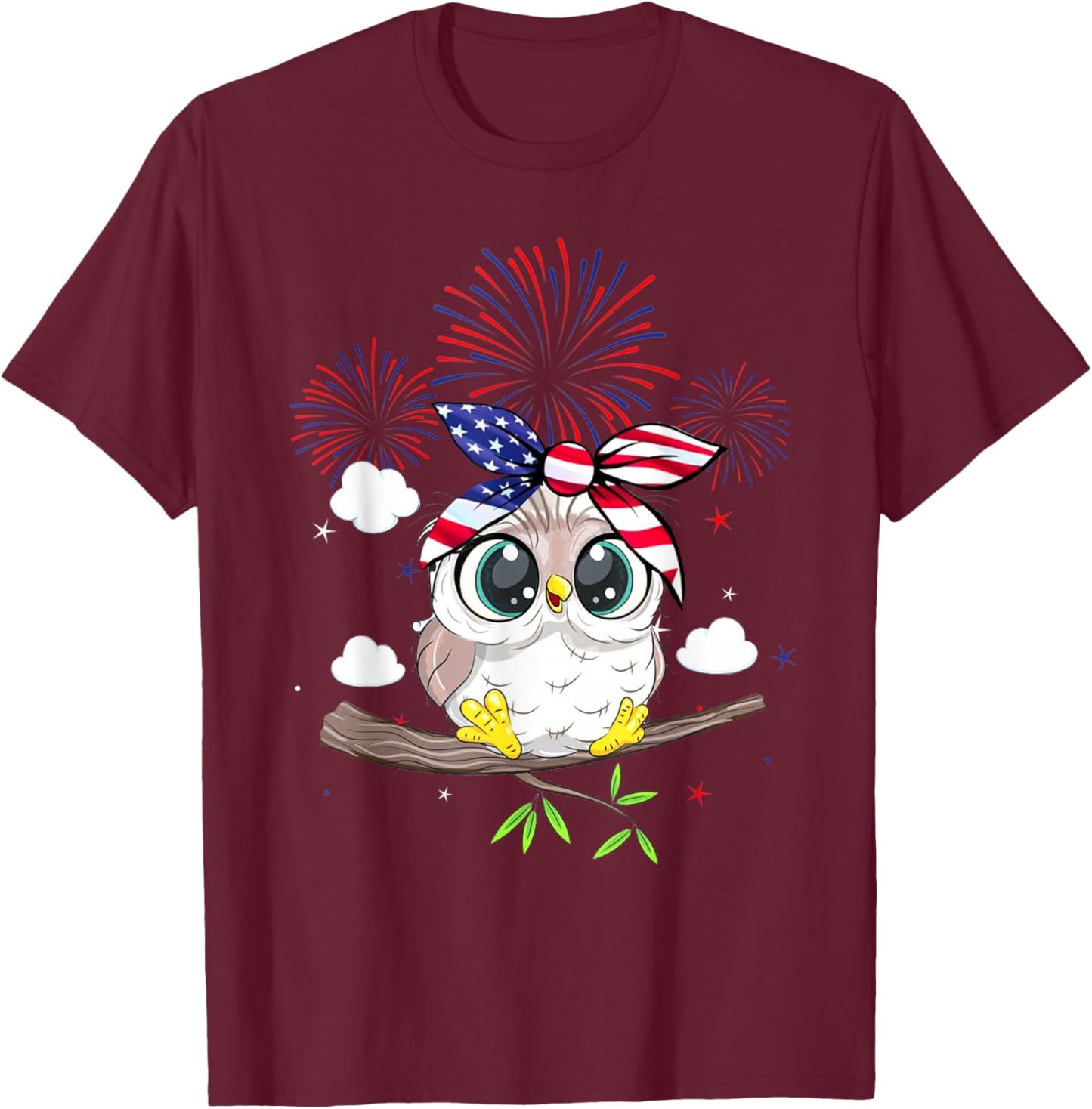 Snowy Owl Graphic Red White Blue Fireworks Decor 4th Of July Kids Men T-Shirt - T-Shirt | Maroon