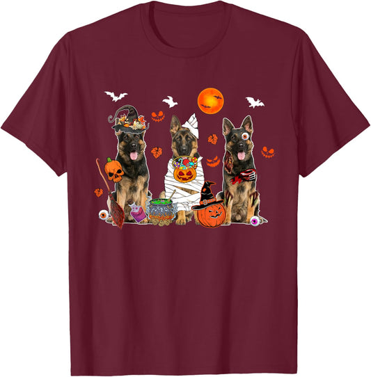 Three German Shepherds Witch Scary Mummy Halloween Zombie T-Shirt - T-Shirt | Maroon