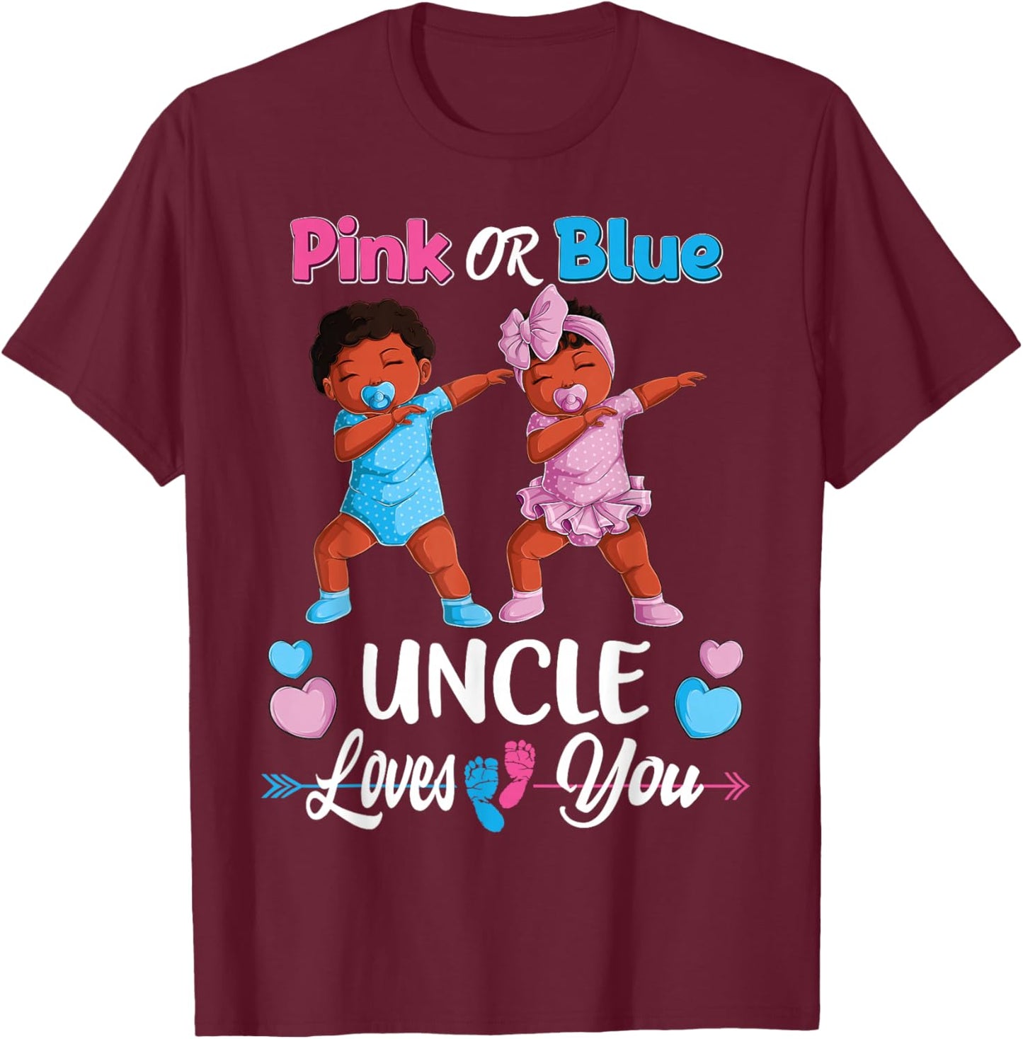 Pink Or Blue Uncle Loves You Black Baby Gender Reveal Party Small T-Shirt - T-Shirt | Maroon