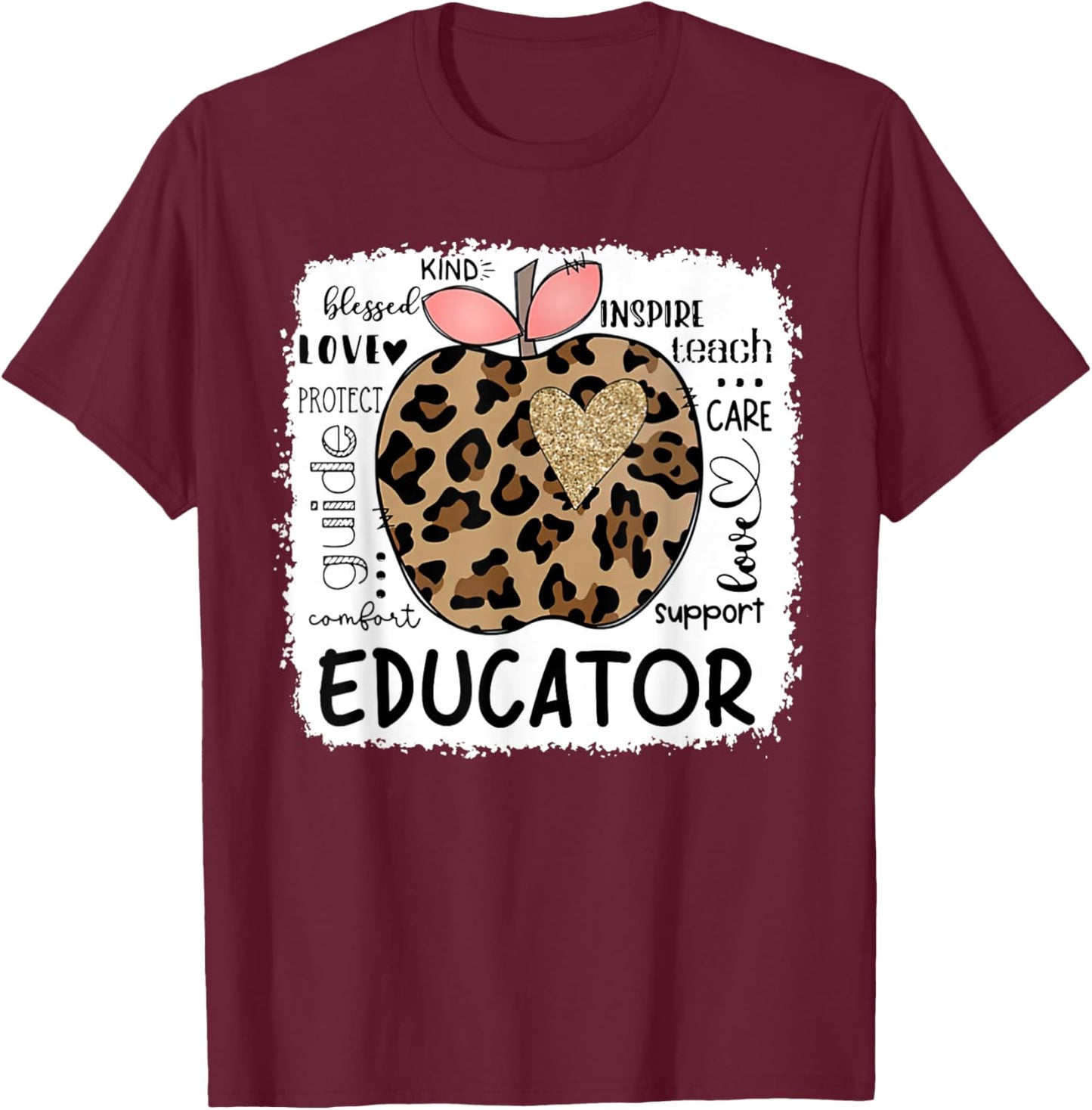 Educator Kind Blessed Teach Inspire Love Leopard Apple T-Shirt - T-Shirt | Maroon