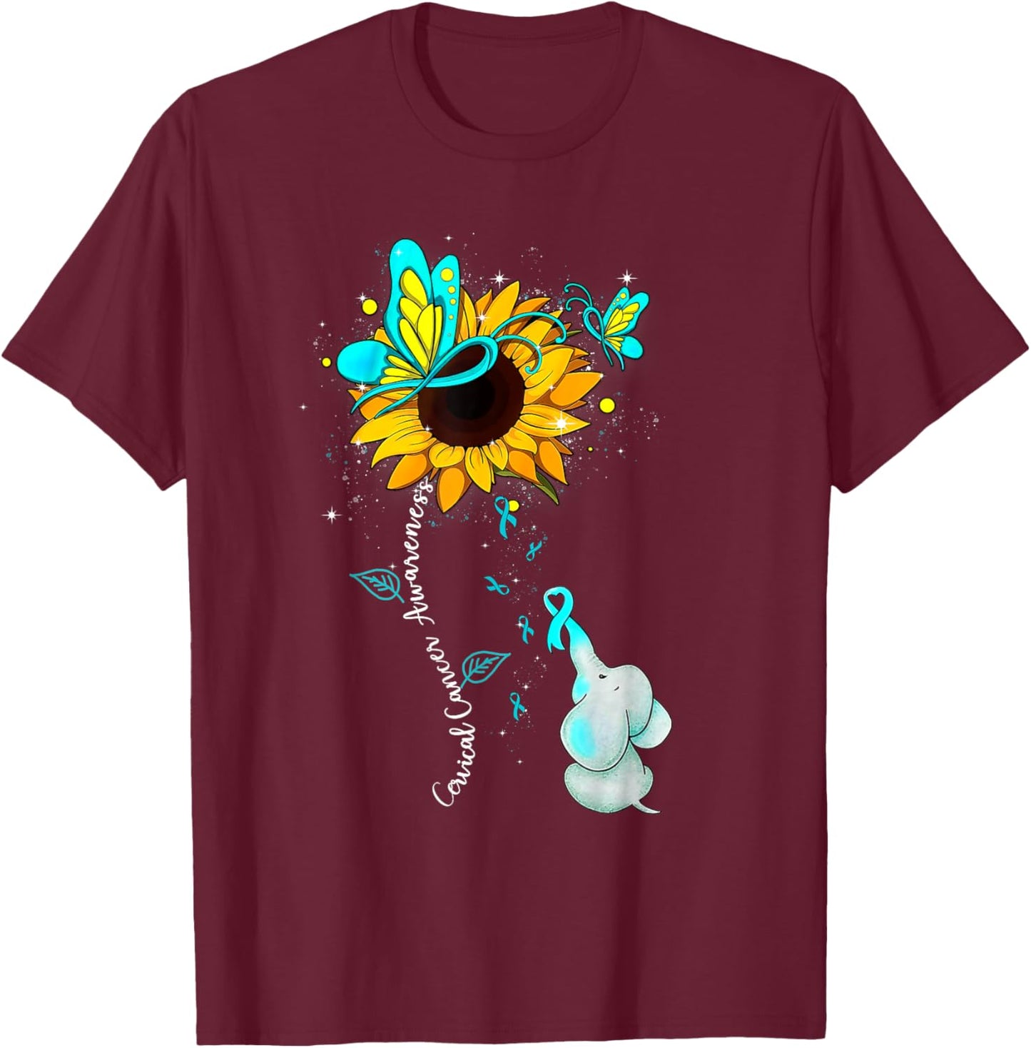 Cervical Cancer Awareness Sunflower Elephant Men T-Shirt - T-Shirt | Maroon