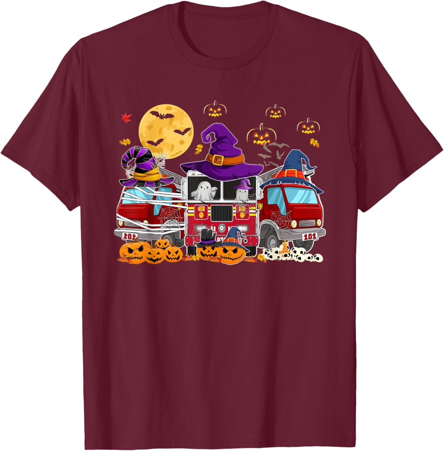 Happy Halloween Firefighter Fire Truck Halloween Kids T-Shirt - T-Shirt | Maroon