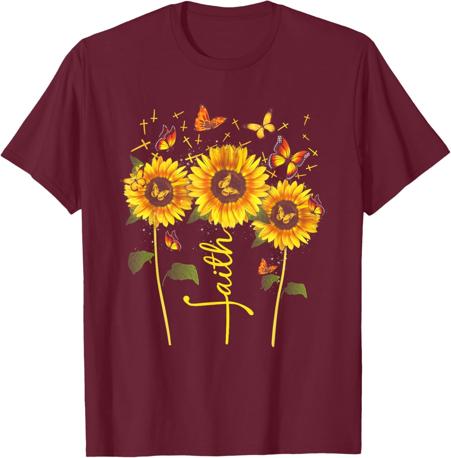 Vintage Faith Cross Sunflower Butterflies Flowers Christians T-Shirt - T-Shirt | Maroon