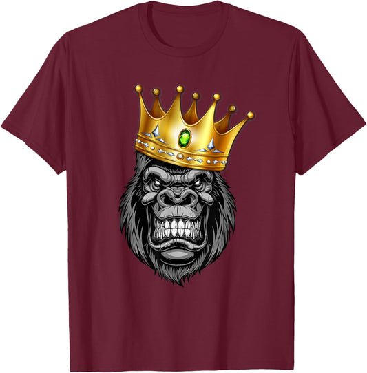 The King Of Angry Gorilla With Crown Ape Wildlife T-Shirt - T-Shirt | Maroon