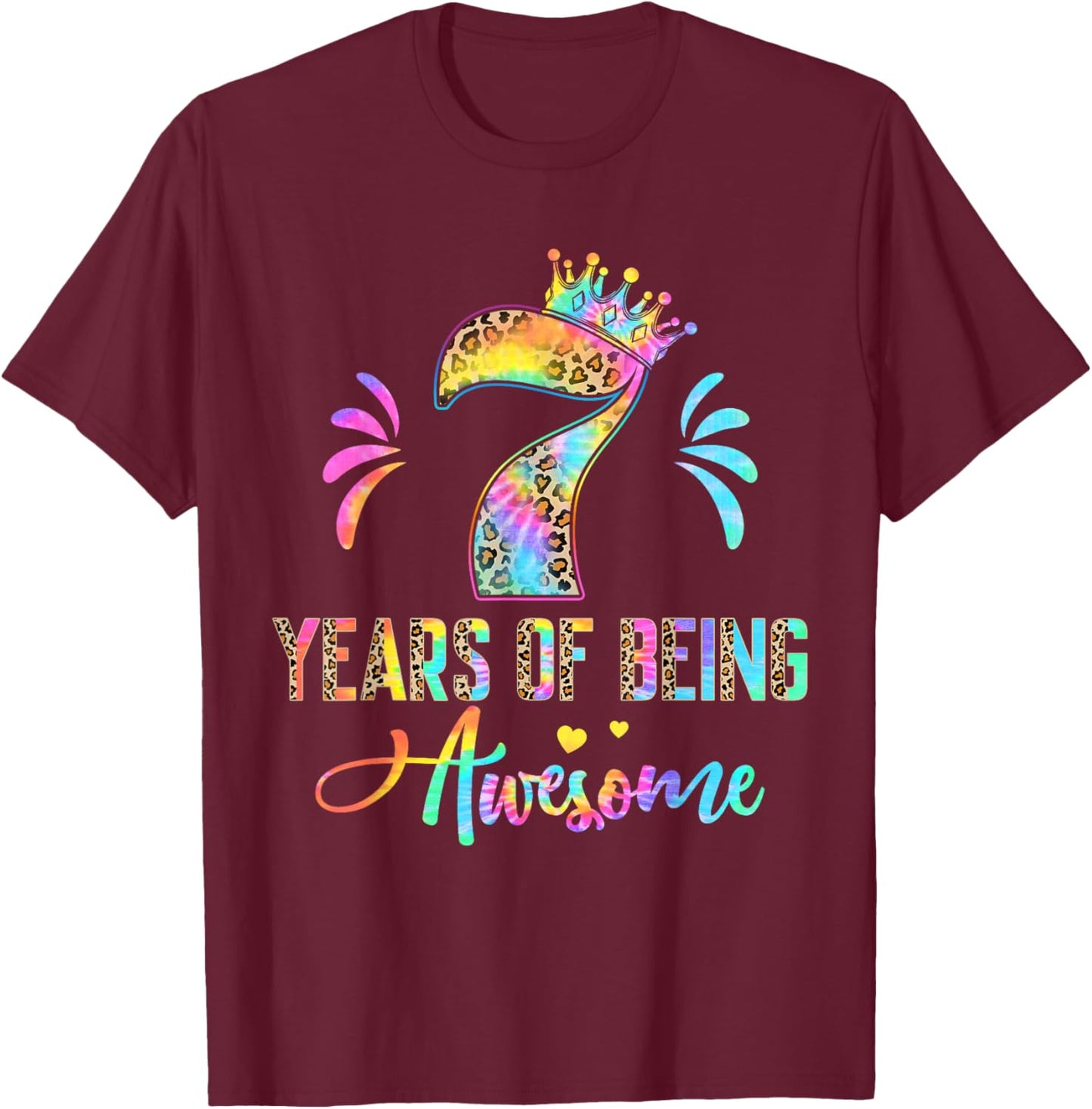 Kids Seven Year Old Rainbow 7th Birthday Leopard For Girls 7 T-Shirt - T-Shirt | Maroon