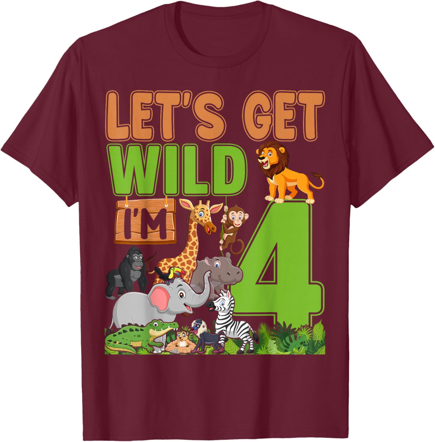 4 Year Old Zoo Birthday Safari Jungle Animal 4th Birthday T-Shirt - T-Shirt | Maroon