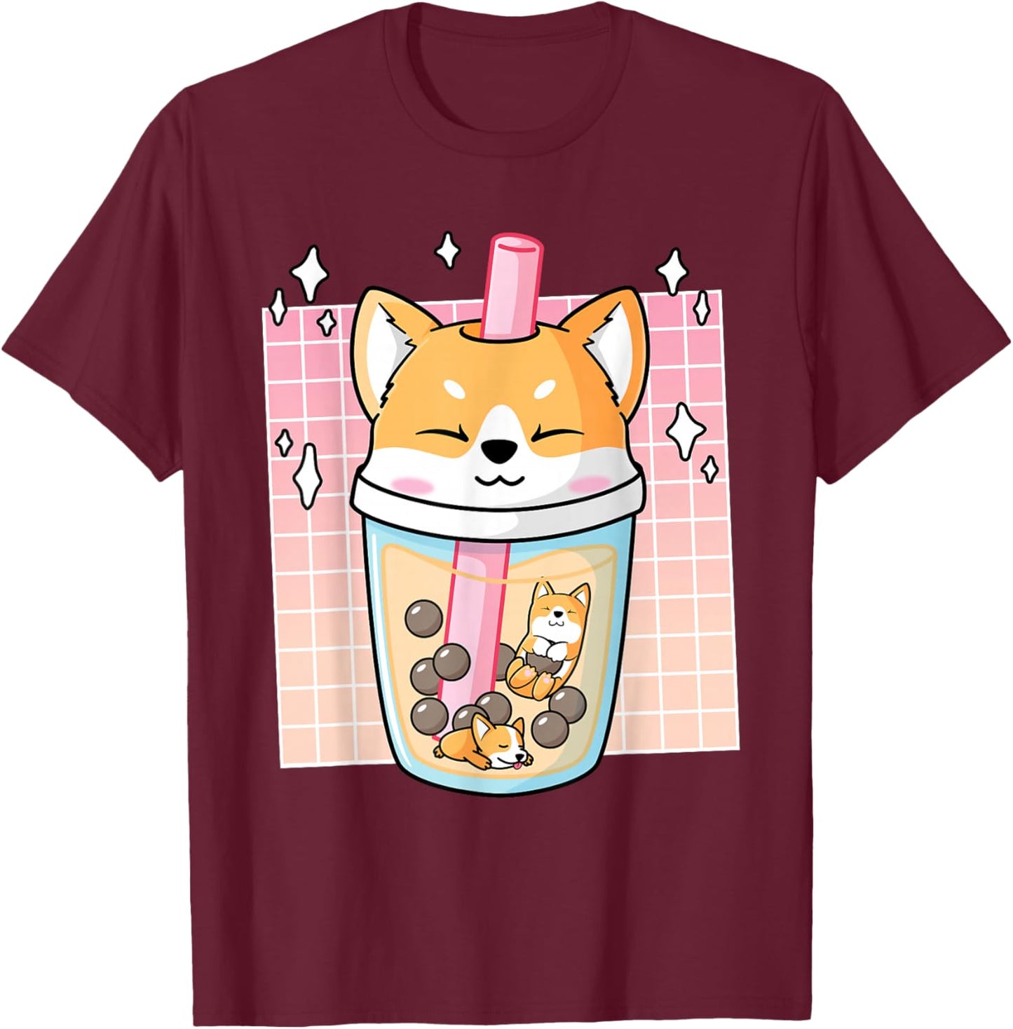 Kawaii Shiba Inu Dog Bubble Tea Boba Japan Corgi T-Shirt - T-Shirt | Maroon