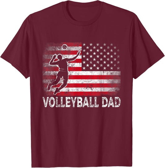 Volleyball Dad Vintage American Flag Retro Father's Day T-Shirt - T-Shirt | Maroon