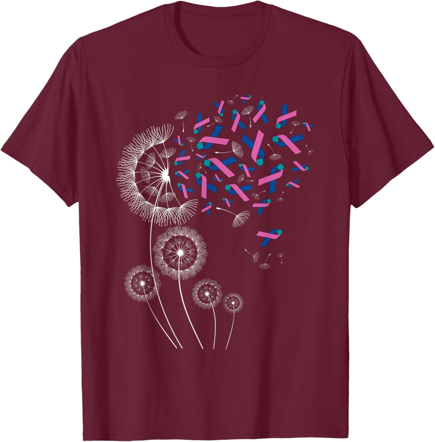 Teal Pink Blue Ribbon & Dandelion Thyroid Cancer Awareness T-Shirt - T-Shirt | Maroon
