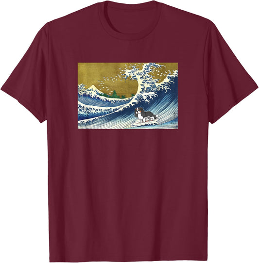Funny Surfing A Great Great Wave Tricolor Cavalier Dog Lover T-Shirt - T-Shirt | Maroon