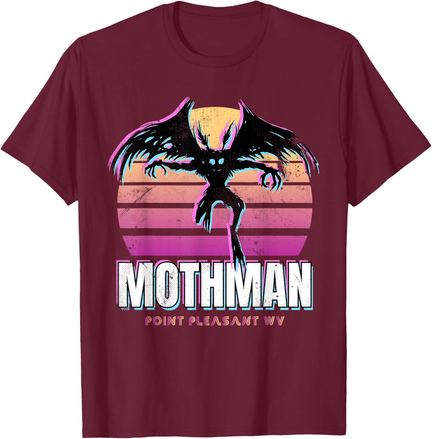 Retro Mothman 80s Cryptid Sunset T-Shirt - T-Shirt | Maroon