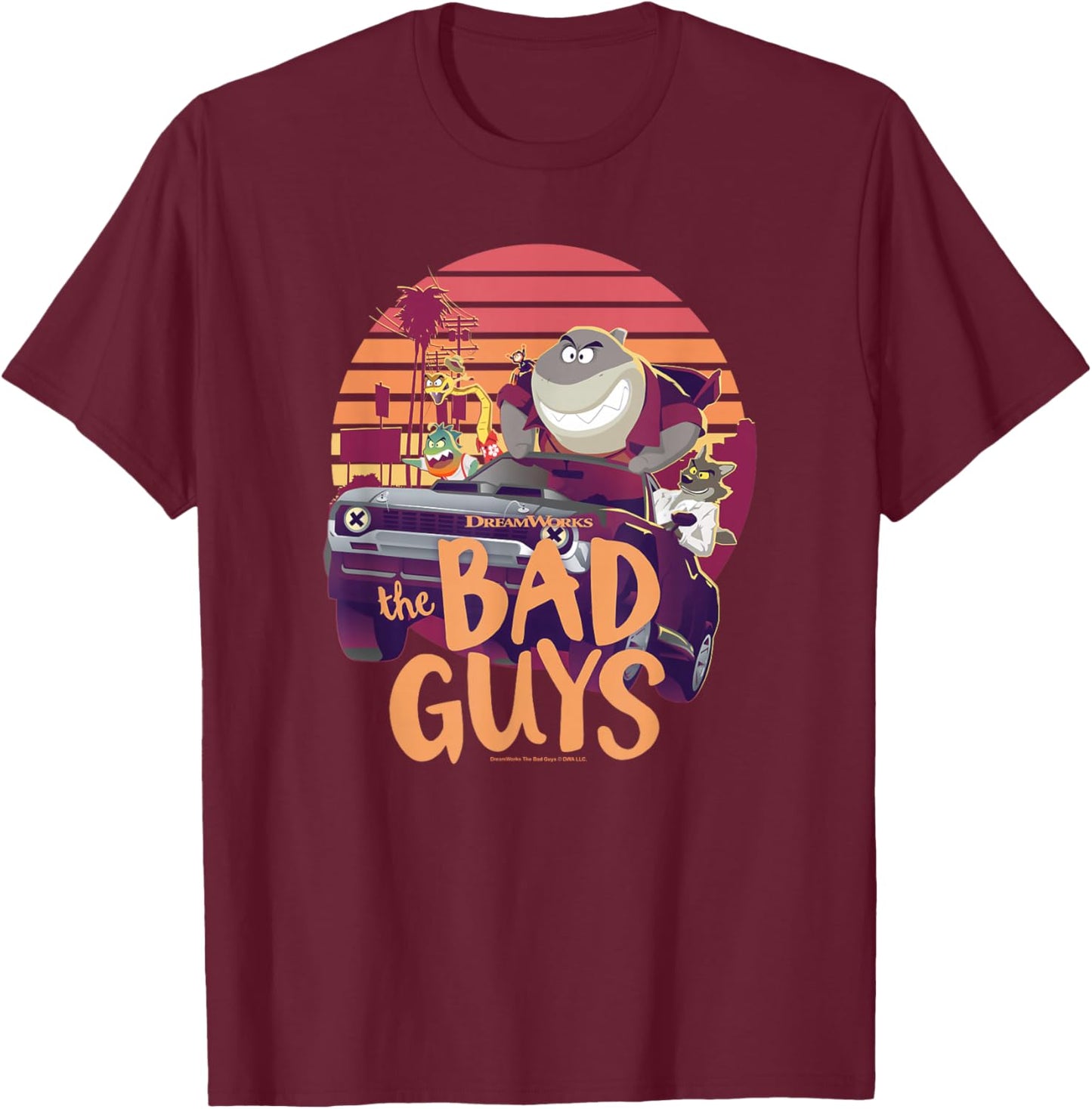 The Bad Guys Group Getaway Car Sunset Poster T-Shirt - T-Shirt | Maroon