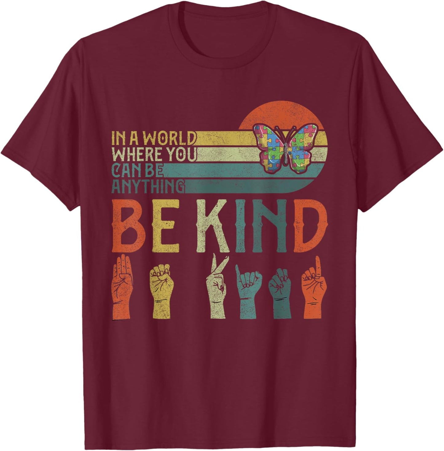 ASL Be Kind , Autism Awareness Butterfly Boy Kid Girl T-Shirt - T-Shirt | Maroon