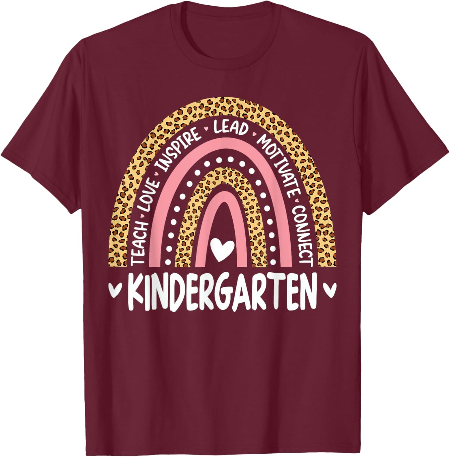 Kindergarten Rainbow Leopard Print Teacher Team Kinder Squad Women Kids T-Shirt - T-Shirt | Maroon
