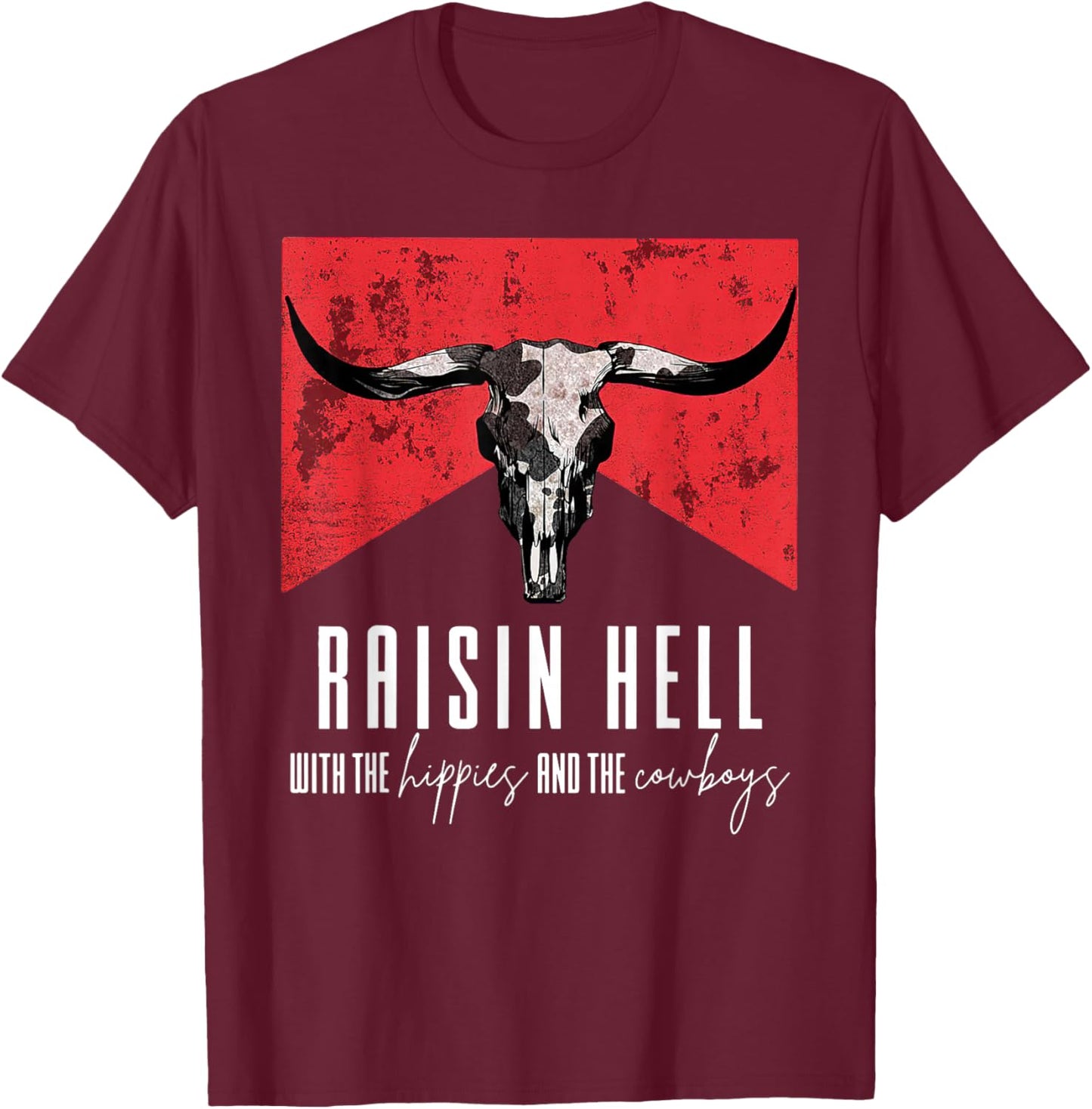 Raising-Hell With The Hippies And Cowboys Western Cowhide T-Shirt - T-Shirt | Maroon