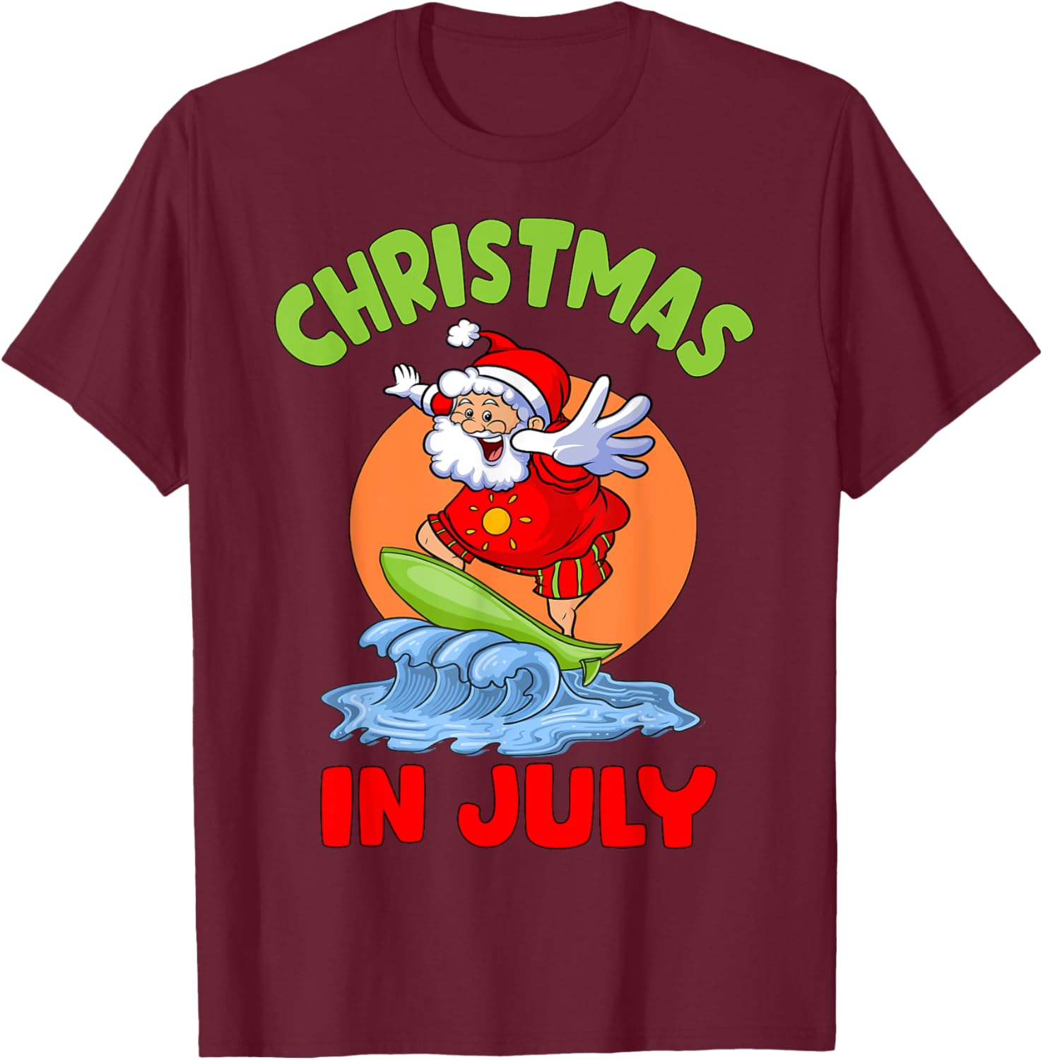 Christmas In July Santa Surfing Kids Toddler Hawaiian Party T-Shirt - T-Shirt | Maroon