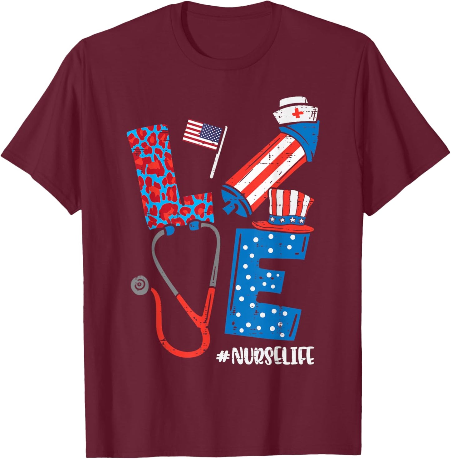 Love Leopard Nurse Life 4th Of July Scrub Top Patriot Women T-Shirt - T-Shirt | Maroon