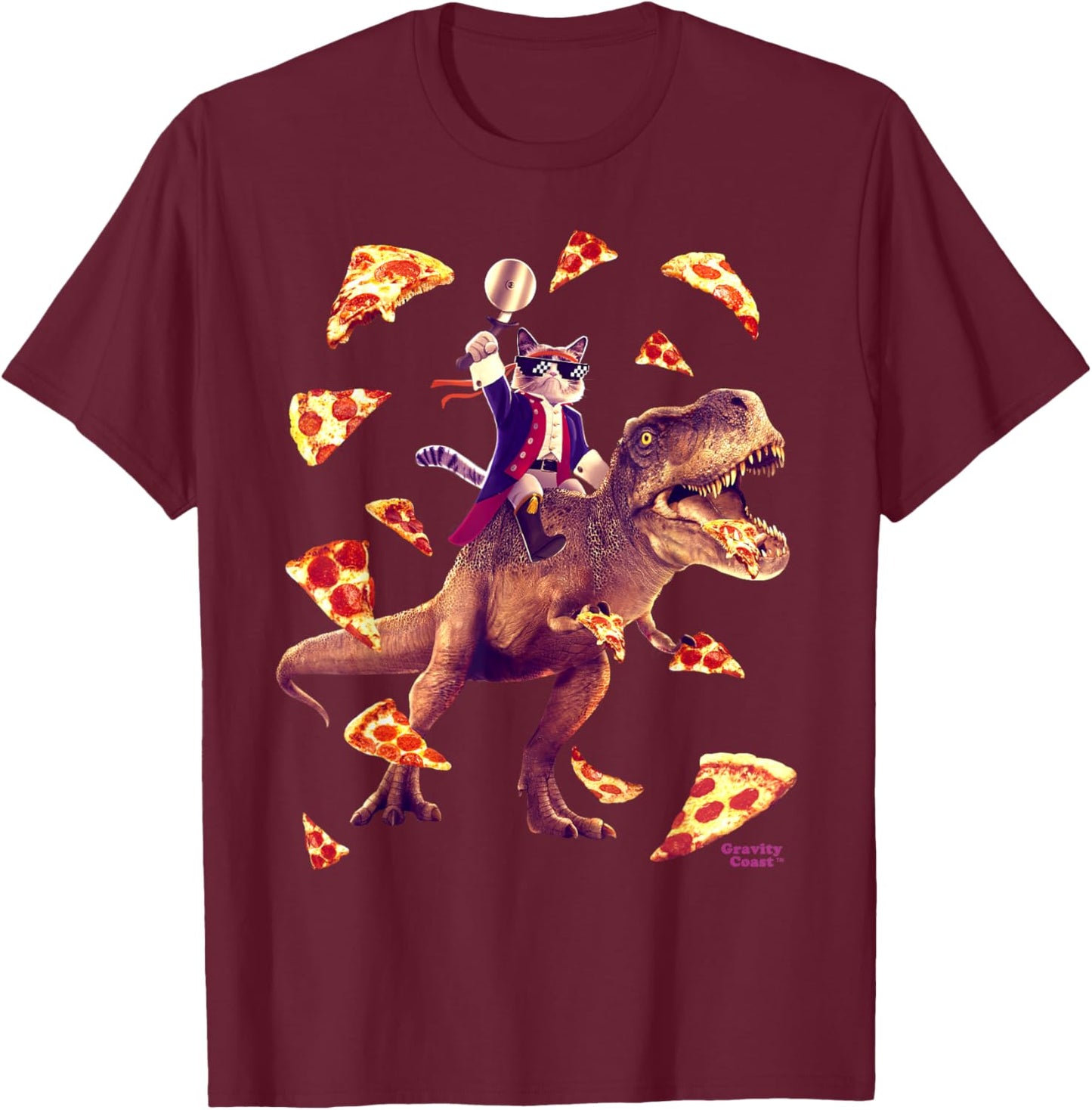 Samurai Cat Riding T Rex Eating Pizza Funny Dino for Kids T-Shirt - T-Shirt | Maroon