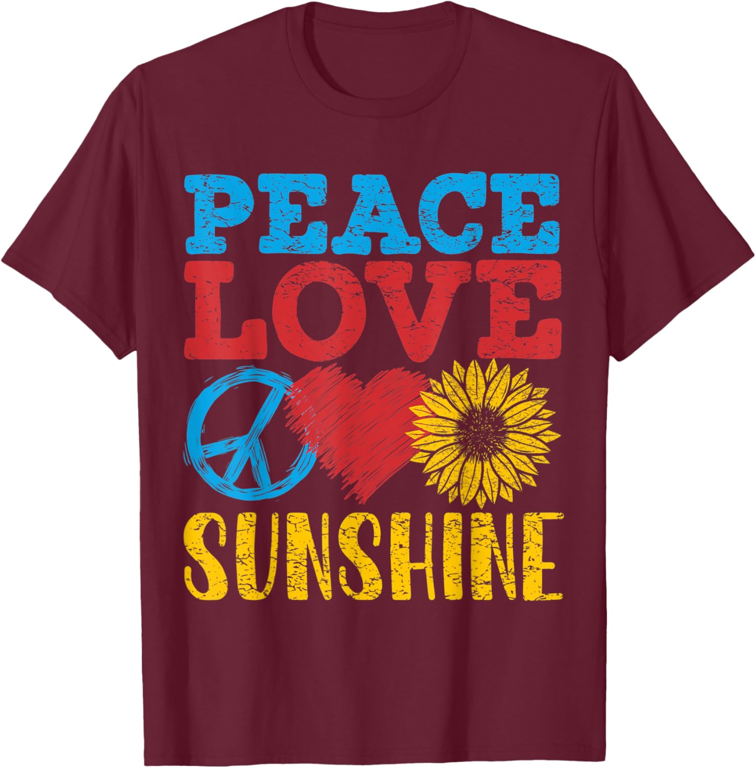 Peace Love Sunshine, Sunflower Women, Retro T-Shirt - T-Shirt | Maroon