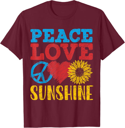 Peace Love Sunshine, Sunflower Women, Retro T-Shirt - T-Shirt | Maroon