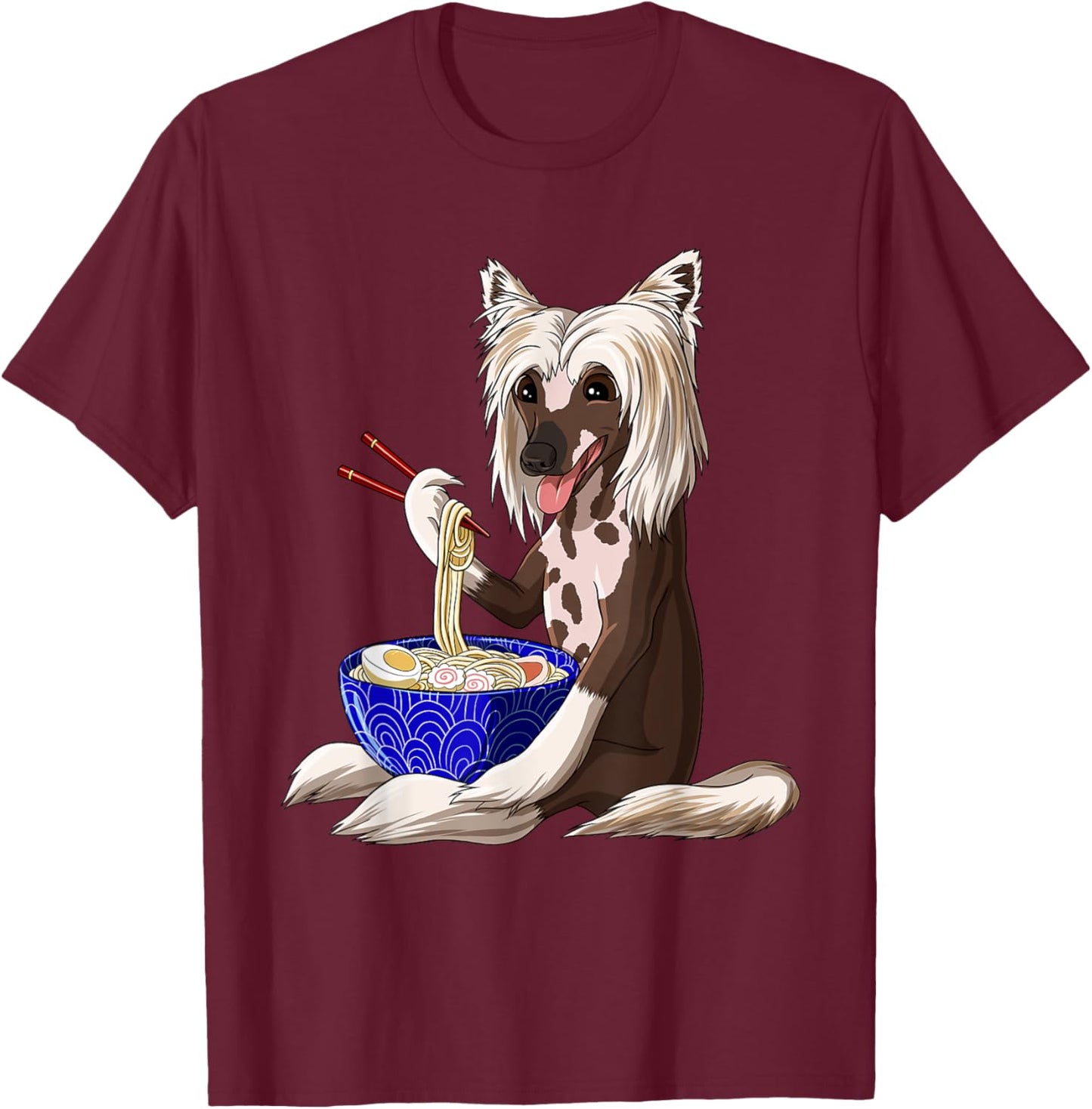 Funny Japanese Kawaii Dog Ramen Noodles Chinese Crested T-Shirt - T-Shirt | Maroon