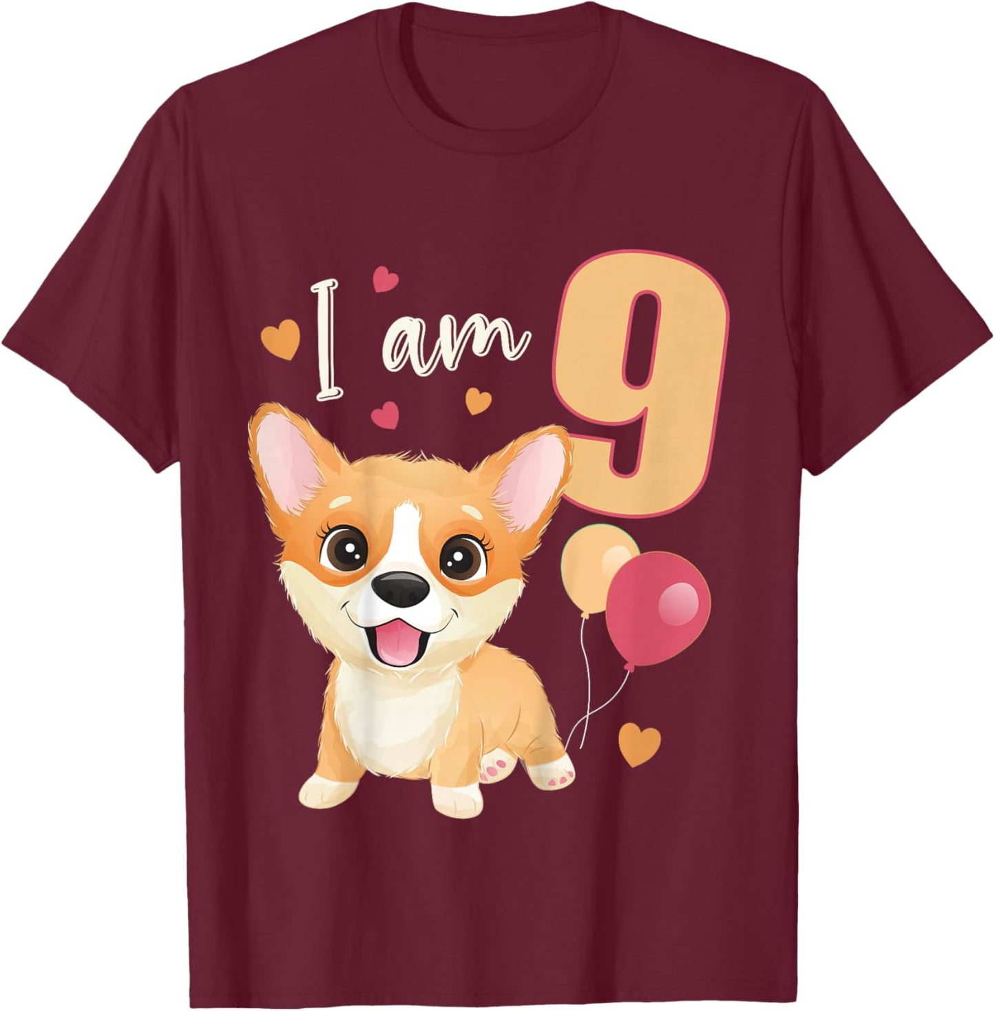 Kids 9 Years old 9 birthday outfit Boy girl Dog Corgi T-Shirt - T-Shirt | Maroon