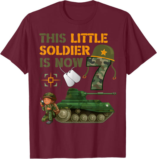 This Little Soldier Is Now 7 Army Tank 7th Birthday T-Shirt - T-Shirt | Maroon