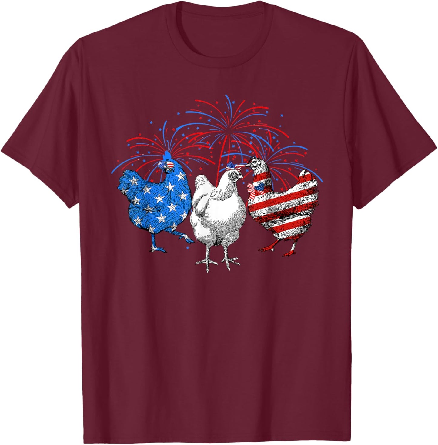 USA Flag Chicken Fireworks Patriotic 4th of July Women Kids Men T-Shirt - T-Shirt | Maroon