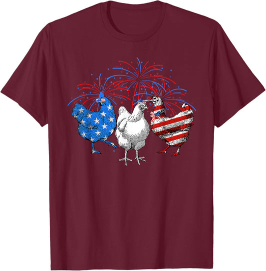 USA Flag Chicken Fireworks Patriotic 4th of July Women Kids Men T-Shirt - T-Shirt | Maroon