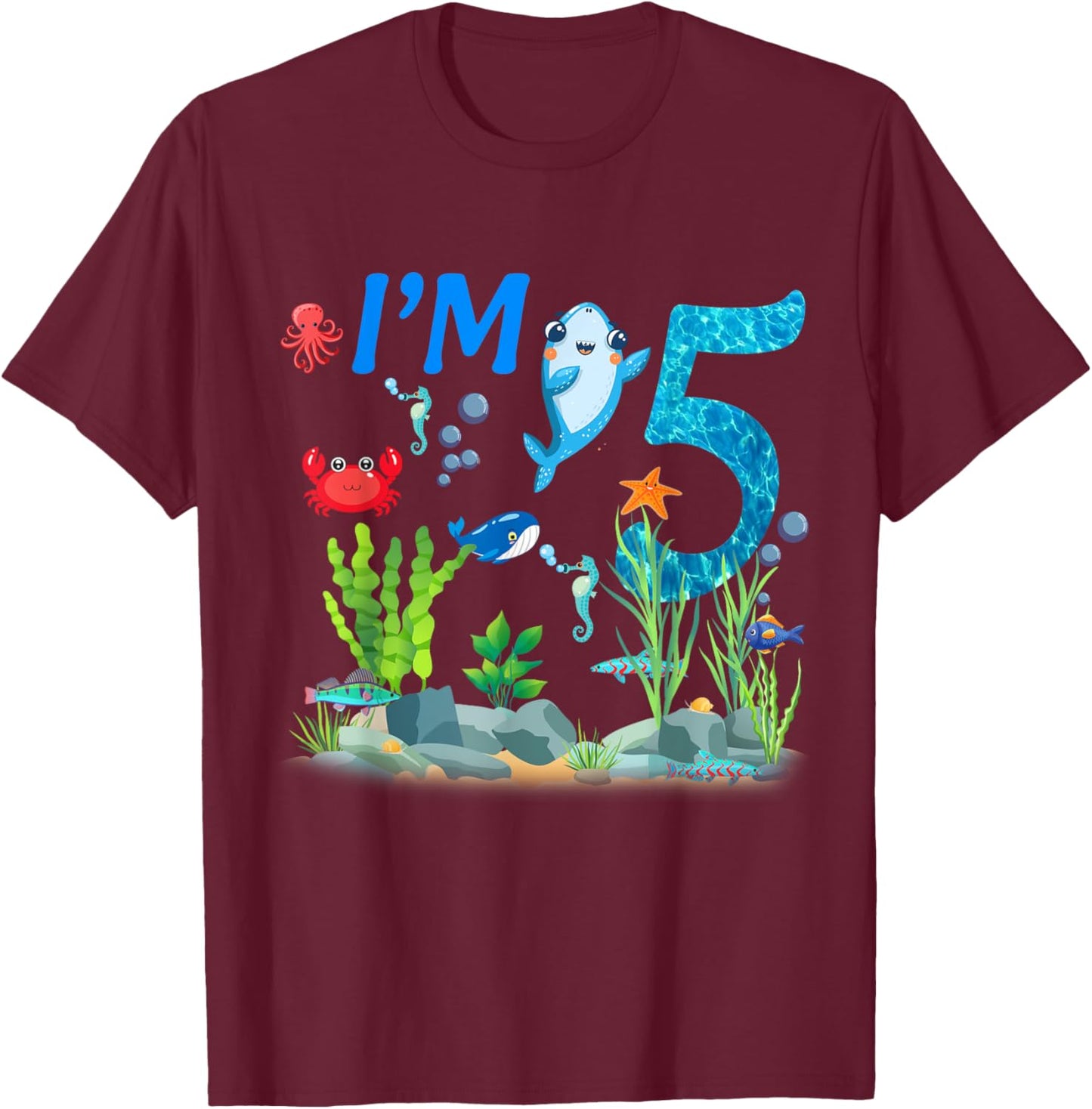 5 Year Old Ocean themed birthday Under the sea 5th birthday T-Shirt - T-Shirt | Maroon