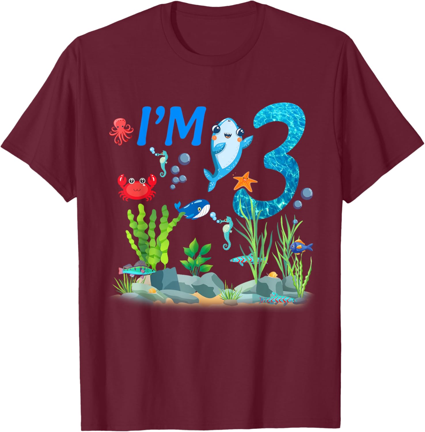 3 Year Old Ocean themed birthday Under the sea 3rd birthday T-Shirt - T-Shirt | Maroon