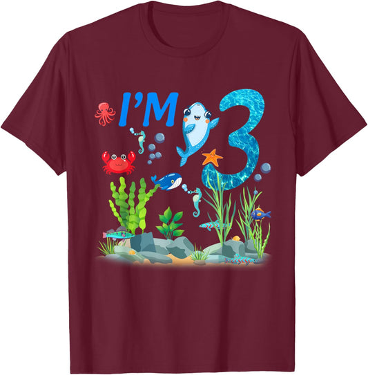 3 Year Old Ocean themed birthday Under the sea 3rd birthday T-Shirt - T-Shirt | Maroon