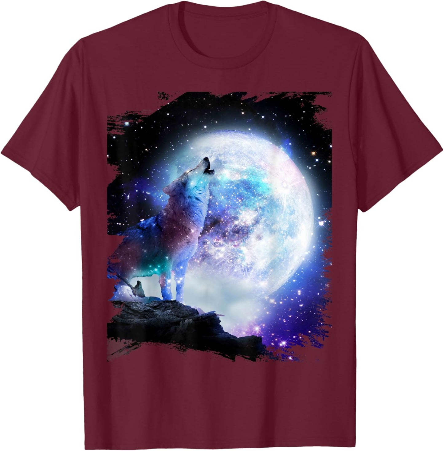 Cosmic Space Wolf Wolves Howling At Moon T-Shirt - T-Shirt | Maroon