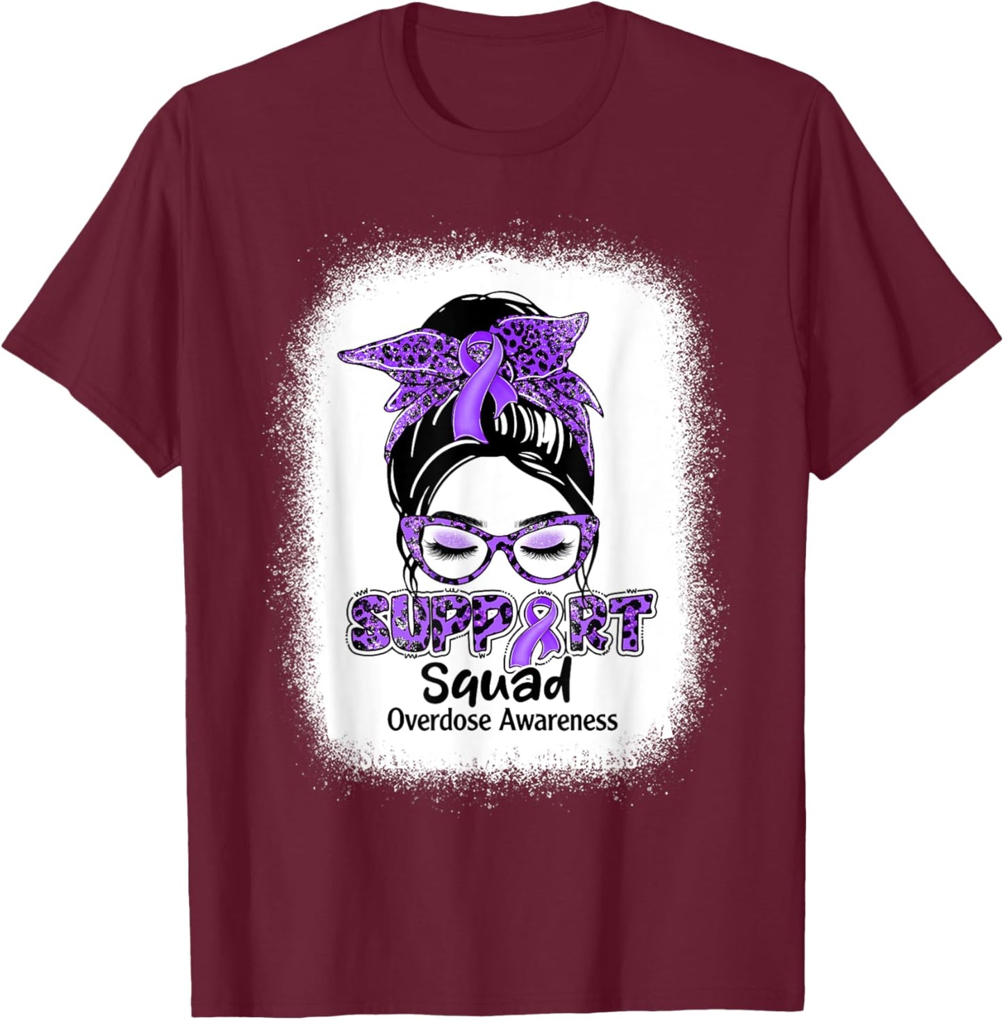 Support Squad Messy Bun Purple Ribbon Overdose Awareness T-Shirt - T-Shirt | Maroon