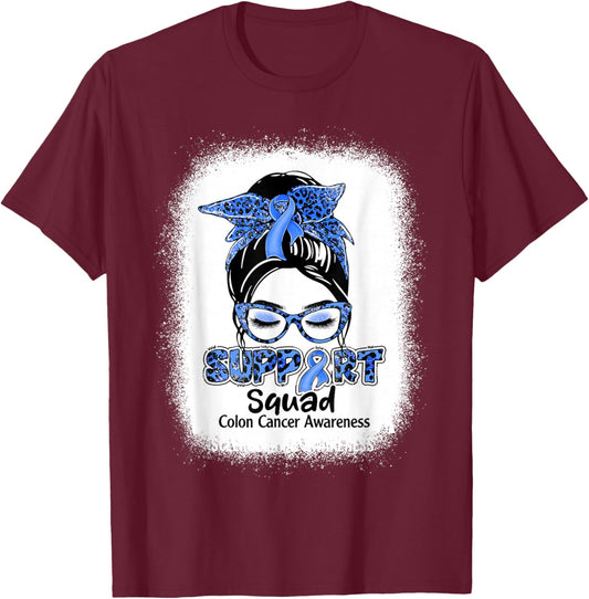 Support Squad Messy Bun Blue Ribbon Colon Cancer Awareness T-Shirt - T-Shirt | Maroon
